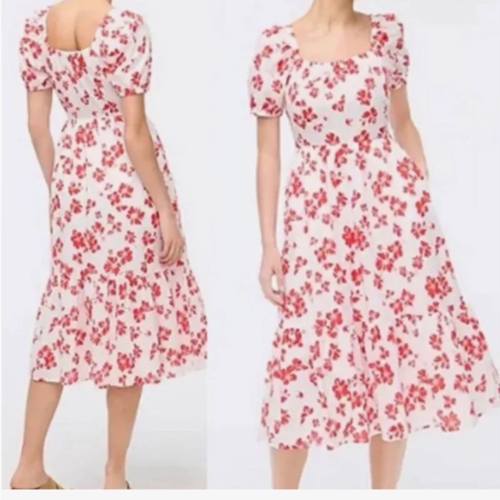 J crew floral puff sleeve tiered midi dress in white bright cerise